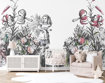 Alice in the Garden of Live Flowers Wall Mural, Alice in Wonderland Wallpaper, Vintage Alice in Wonderland Wallpaper, Nursery décor