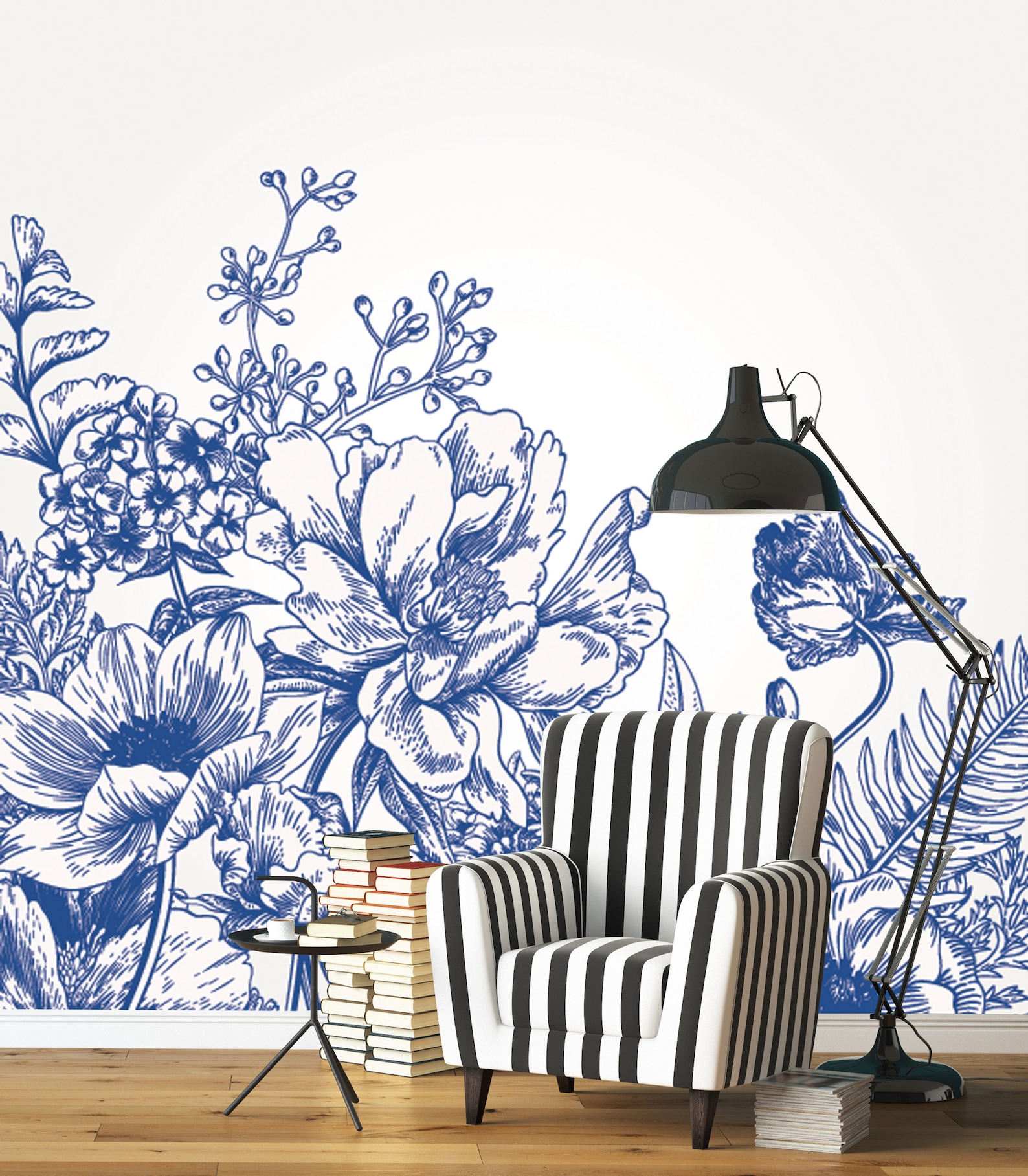 Blue Vintage Floral Wall Mural Peony Flowers in White and | Etsy