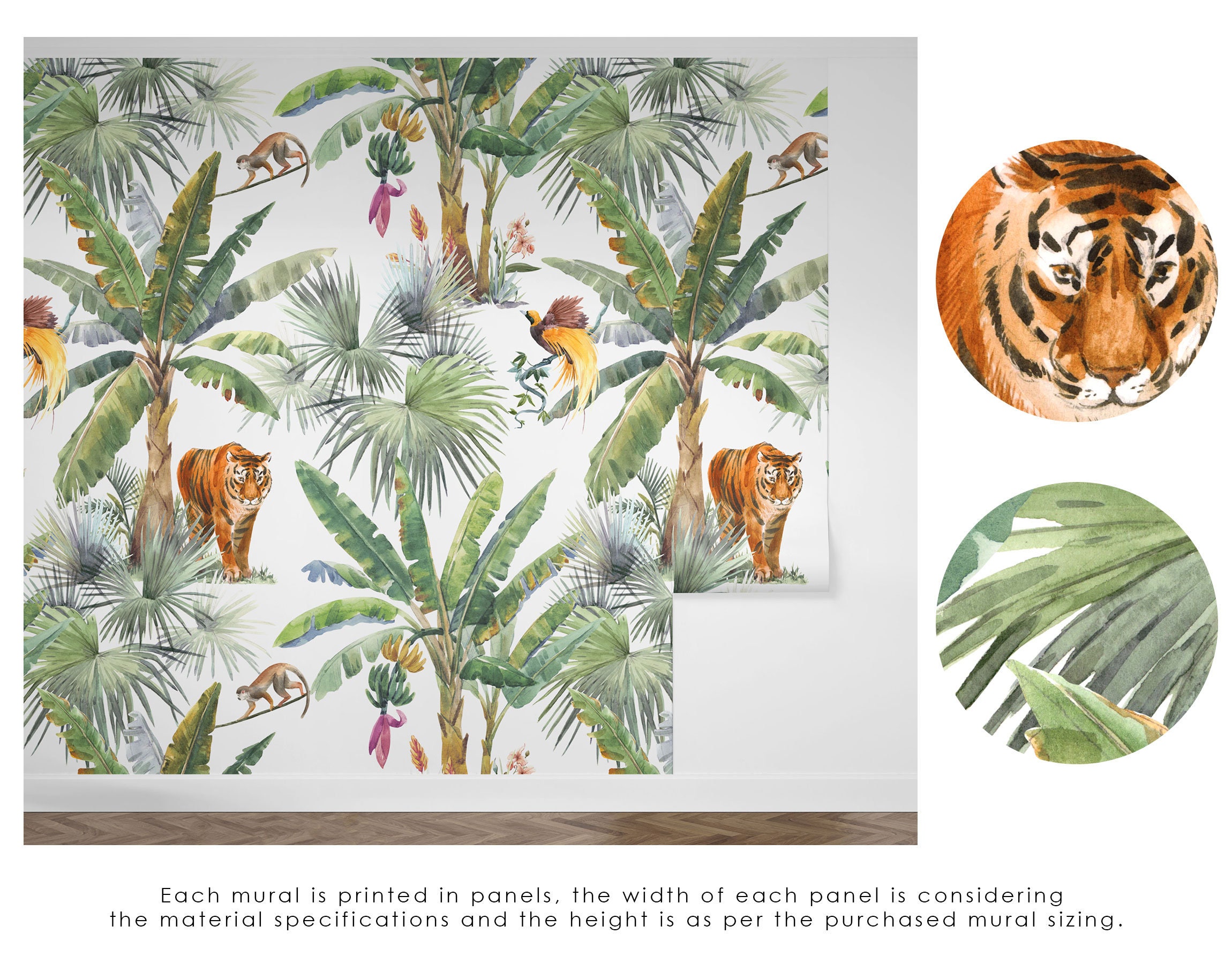 Watercolor Jungle Wallpaper, Tropical Jungle Wall Mural, Safari Animals ...