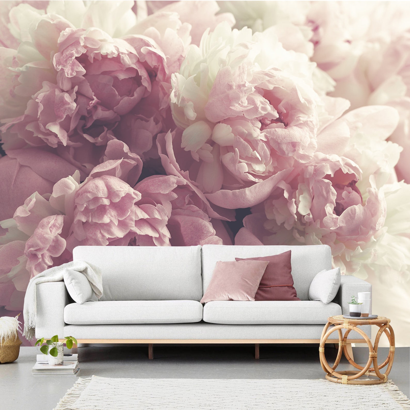 Peony - Floral Wall Mural in Pale Pink and Off-white, Peony Roses ...