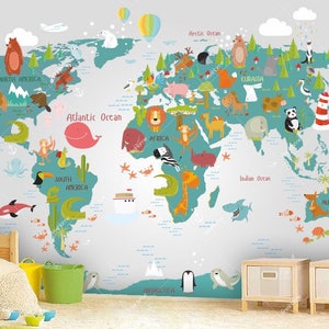 Carte du monde Murale en sarcelle et gris clair, Carte pour enfants avec animaux, Papier peint Little Explorer, Décoration de crèche et de chambre, Art mural