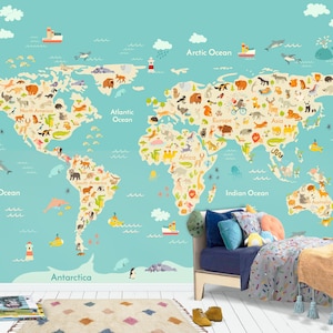 Mur mural de la carte du monde pour enfants, carte pour enfants avec des animaux, papier peint Little Explorer, décoration de la crèche et de la chambre, art mural