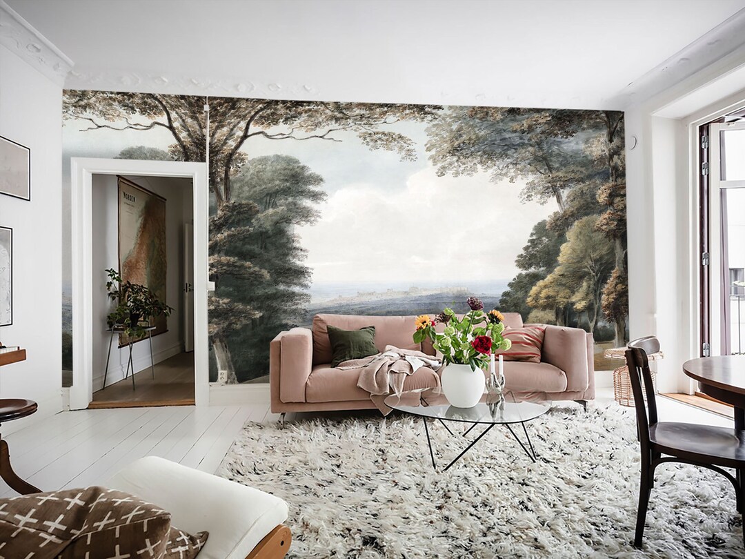 The Reverie Landscape Wall Mural, Vintage Scenic Wall Mural, Hand ...