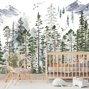 Watercolor Forest Wall Mural, Forest Wall Mural, Woodlands Wallpaper, Forest Wallpaper, Nursery and room décor, Wall art