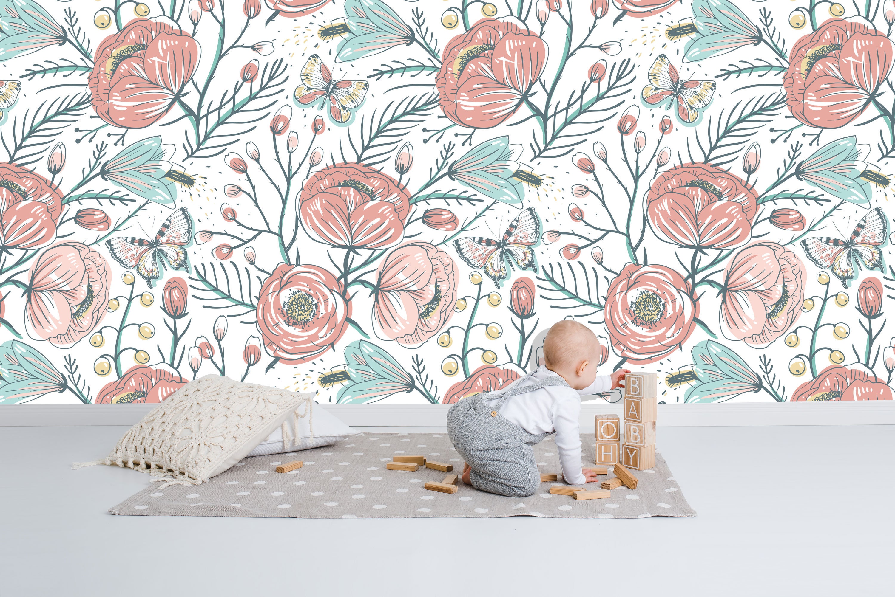 The Secret Garden Wall Mural Flowers in Blush and Pale Blue - Etsy