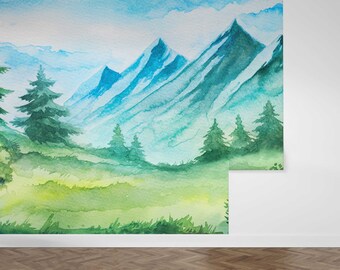 Arte murale con foresta e montagna ad acquerello, albero e colline in stile minimal, stampa astratta per amanti della natura - Italia
