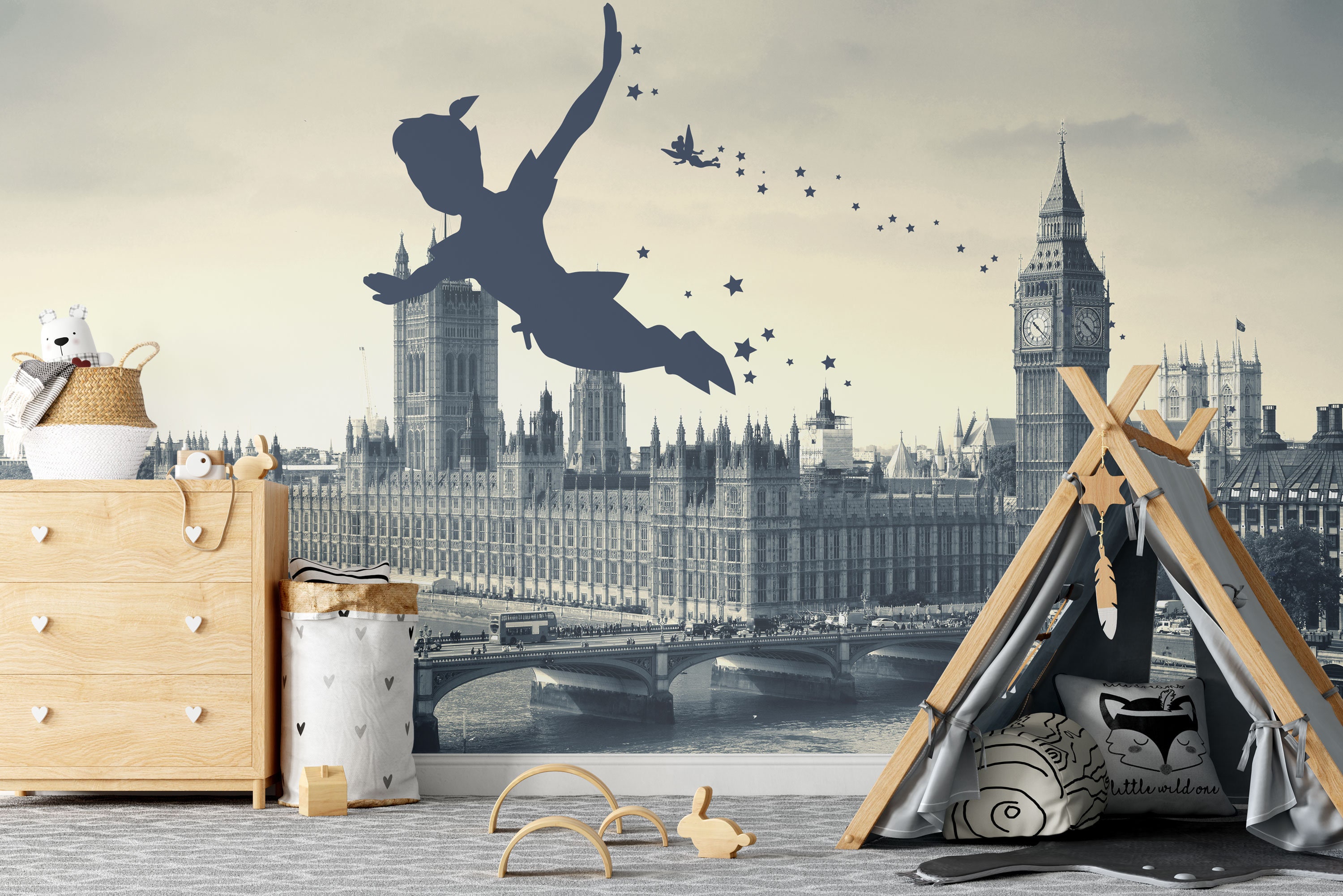 Peter Pan Wall Mural in Black and White Neverland Wallpaper Etsy