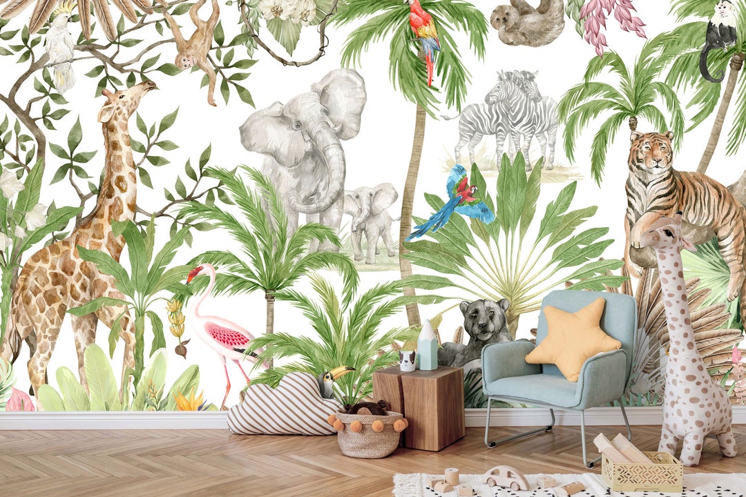 Jungle Wallpaper, Jungle Wall Mural, Tropical Wallpaper, Safari Animals