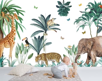 Tropisk djungeltapet, Djungelväggmålning, Väggdekor med safaridjur, Giraff- och elefanttapet, Barnrums- och rumsinredning, Väggkonst