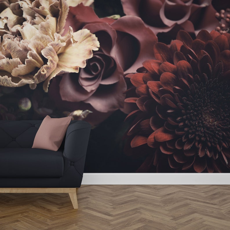 Karly Dark Floral Wall Mural Vintage Botanical on a Dark Etsy