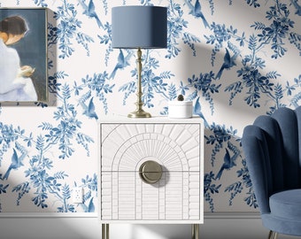 Vintage Blue Birds Wall Mural, Vintage Chinoiserie Style Wallpaper, Flowers and Birds Wallpaper, Blue Floral Wallpaper, Nursery décor