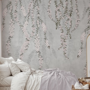 Blush Hanging Gardens Wall Mural, Blush and Grey Wall Mural, Floral ...