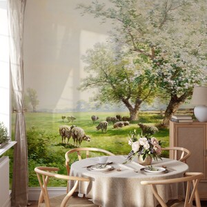 Pastoral Landscape Wall Mural, Vintage Rural Scene Wall Mural, Vintage ...