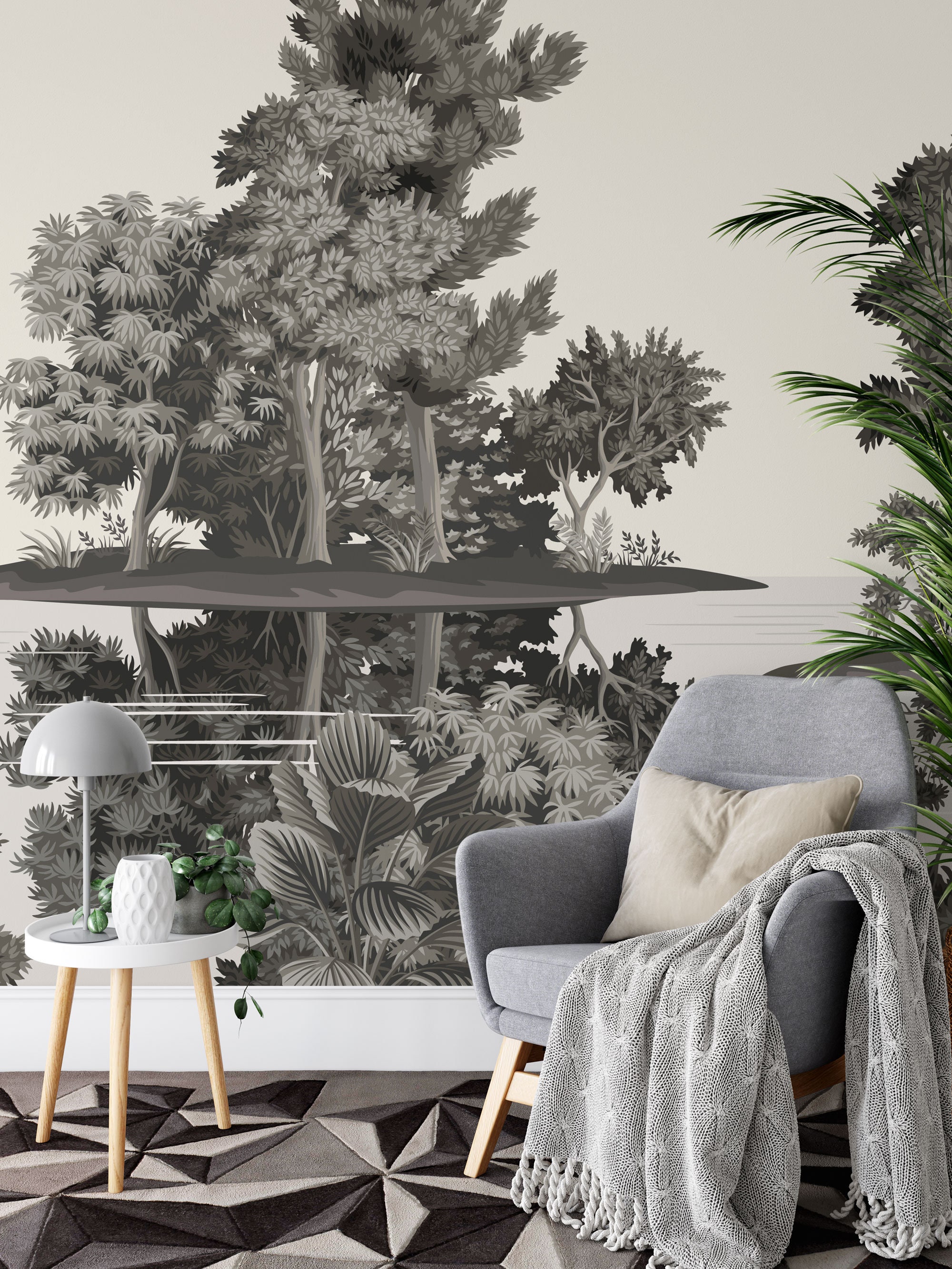 Vintage Scenic Wall Mural, Vintage Landscape Wall Mural, Trees in Grey ...
