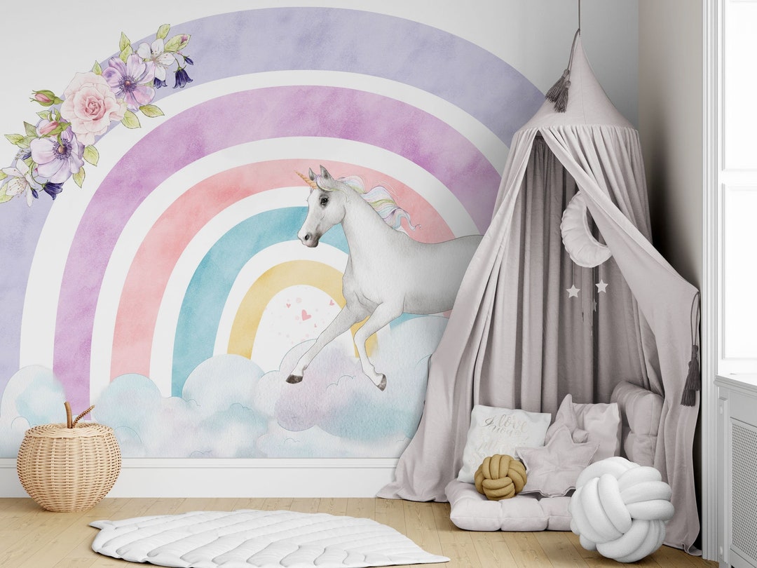 Unicorn Wall Mural, Rainbow and Unicorn Wall Mural, Watercolor Unicorn ...