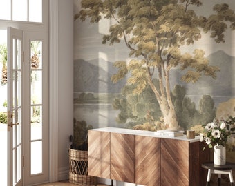 Vintage Landscape Wallpaper Mural, Antique Countryside Wall Mural, Classic English Landscape Wallpaper, Traditional Cottage Decor, K359