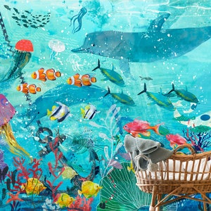 Murale a parete profondo del fondo marino, carta da parati dei delfini, carta da parati del fondo del mare ad acquerello, carta da parati per pittura del mare, decorazione della stanza e della camera
