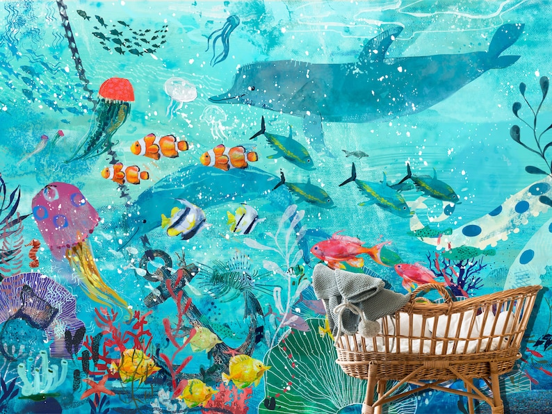 Dolphins Wallpaper Nursery And Room D U00e9cor Deep Sea Bottom Wall Mural Watercolor Sea Bottom Wallpaper