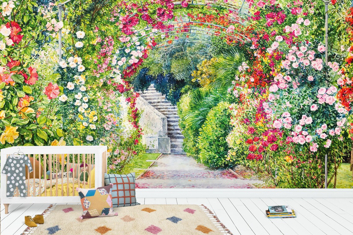 The Secret Garden Wallpaper, Floral Garden Wall Mural, Watercolor Hand ...