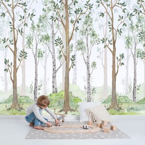 Décor mural représentant une forêt de bouleaux à l'aquarelle, décor mural forêt enchantée, papier peint forêt, décoration murale, décoration pour chambre et chambre de bébé, art mural