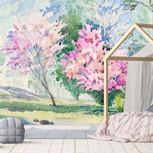 Watercolor Spring Forest with Blossom Trees Wall Mural, Enchanted Forest mural, Forest Mountain Wallpaper, Nursery and room décor, Wall art