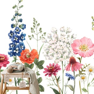 Spring Aesthetics Wallpaper, Wild Flowers Wall Mural, Watercolor Floral Wallpaper, Colorful Floral Wallpaper, Large Flower Mural