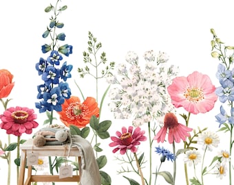 Spring Aesthetics Wallpaper, Wild Flowers Wall Mural, Watercolor Floral Wallpaper, Colorful Floral Wallpaper, Large Flower Mural