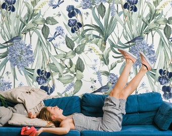 Blue Meadow Wall Mural, Vintage Botanical Wallpaper, Flowers and Birds Wallpaper, White Floral Wallpaper, Nursery décor