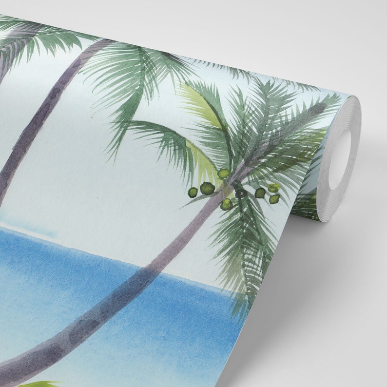 Tropical Wall mural Scenic Tropical Beach Wallpaper Watercolor Palm Trees Wallpaper The Bay Wallpaper Watercolor Wallpaper