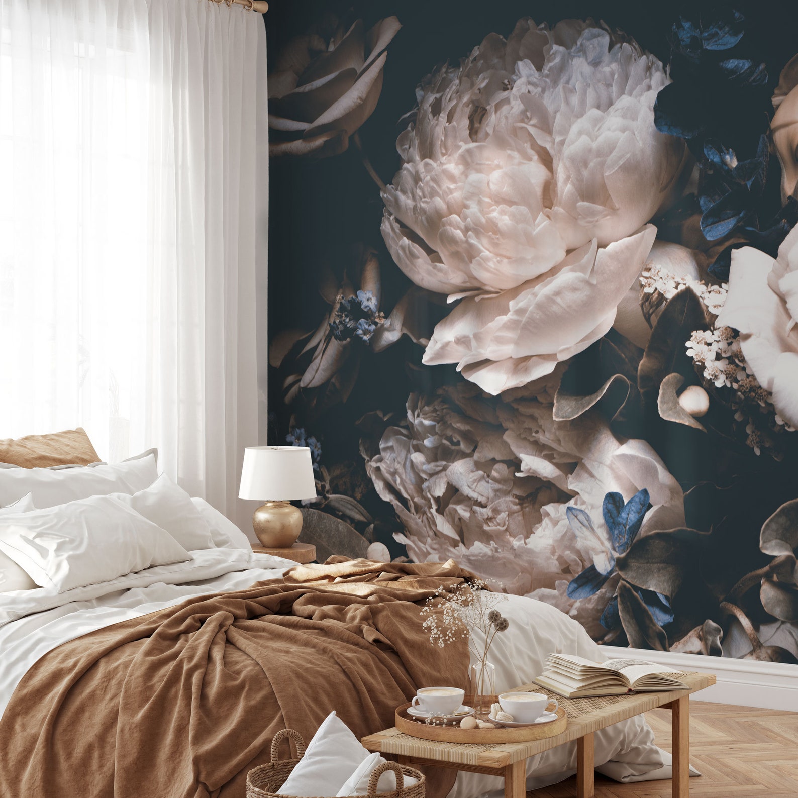 Peony - Dark Floral Wall Mural, Peony Roses in Off-white on a Dark ...