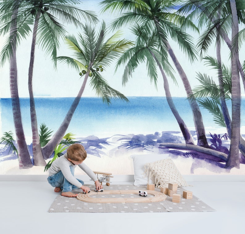 Tropical Wall mural Scenic Tropical Beach Wallpaper Watercolor Palm Trees Wallpaper The Bay Wallpaper Watercolor Wallpaper