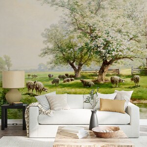 Pastoral Landscape Wall Mural, Vintage Rural Scene Wall Mural, Vintage ...