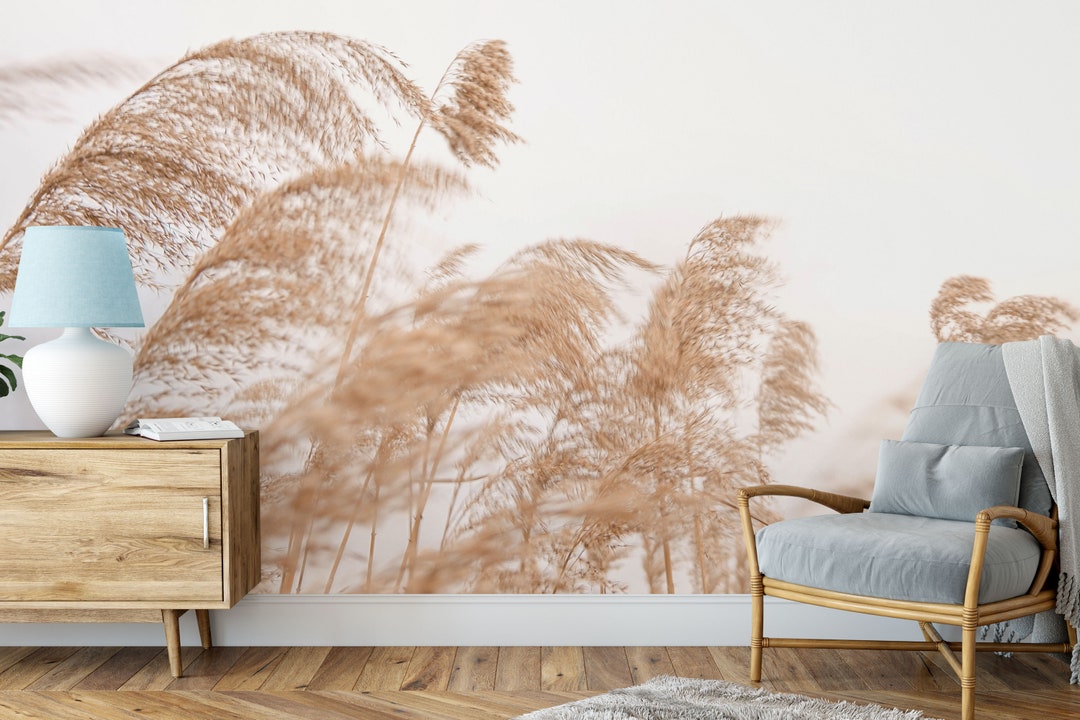 Bohemian Pampas Grass Wall Mural, Boho Style Wallpaper, Neutral Colors