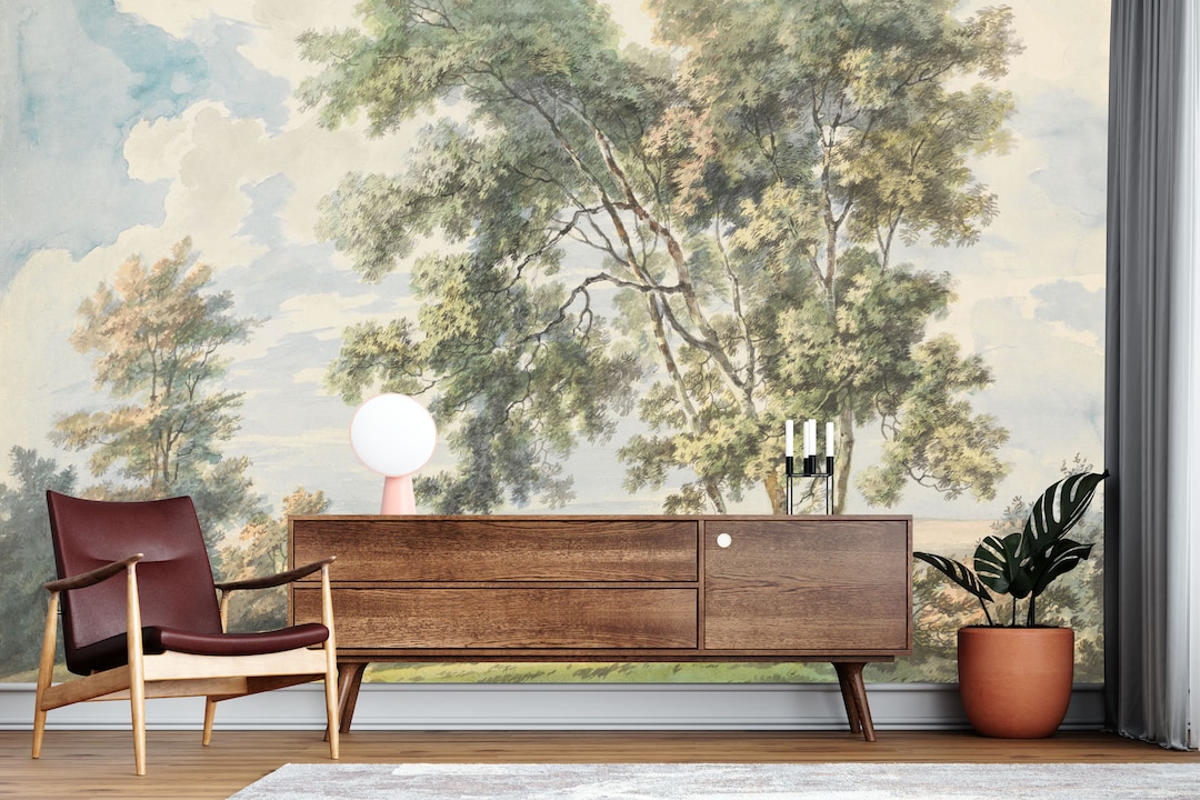 Timeless Scenic Wall Mural, Vintage Forest Scene Wall Mural, Vintage
