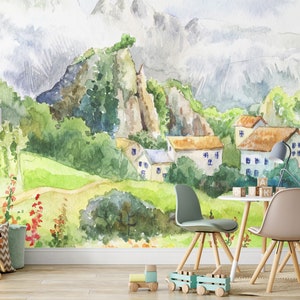 Countryside Wallpaper, Countryside Scenic Wall Mural, Watercolor Hand ...