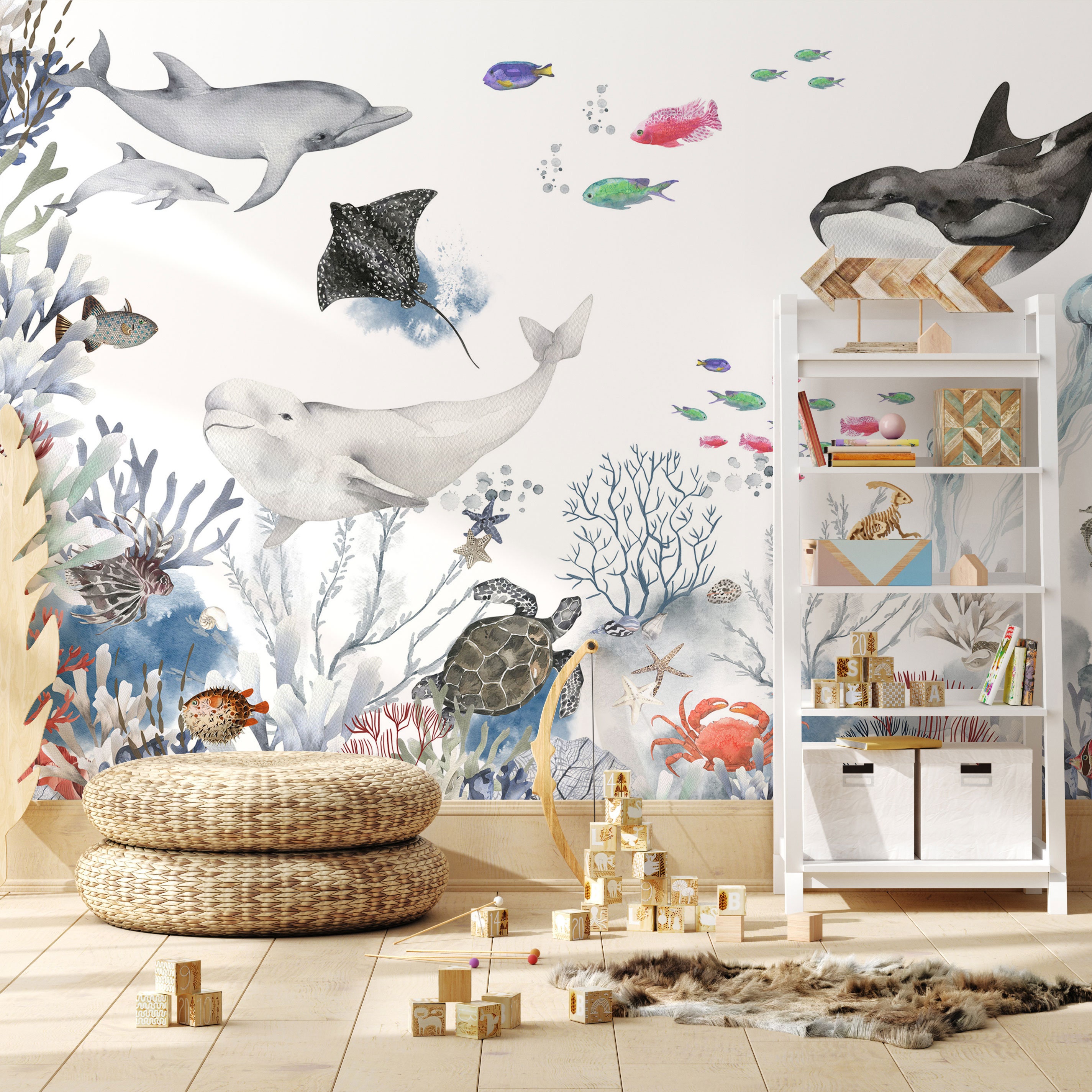 Watercolor Ocean Wallpaper Under The Sea Wall Mural Sea Etsy