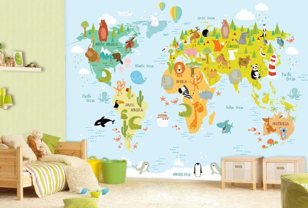 Children World Map in Pale Blue Wall Mural, Children Map With Animals