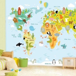 Carte du monde des enfants en murale bleu pâle, Carte des enfants avec des animaux, Papier peint Little Explorer, Décoration de la crèche et de la chambre, Art mural