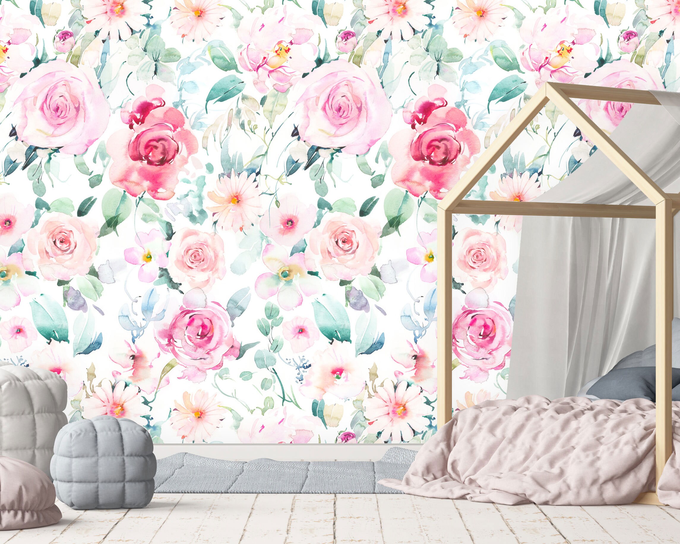 Alice's Garden Wall Mural, Watercolor Floral Wallpaper, Peonies, Roses and  Daisies Wallpaper, Delicate Floral Wallpaper, Nursery Décor 