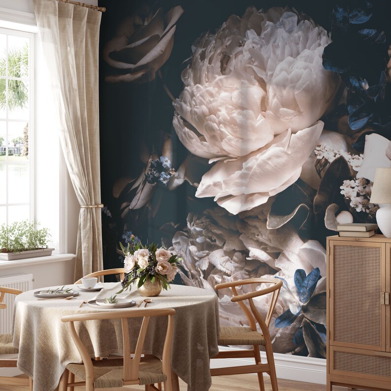 Peony - Dark Floral Wall Mural, Peony Roses in Off-white on a Dark ...