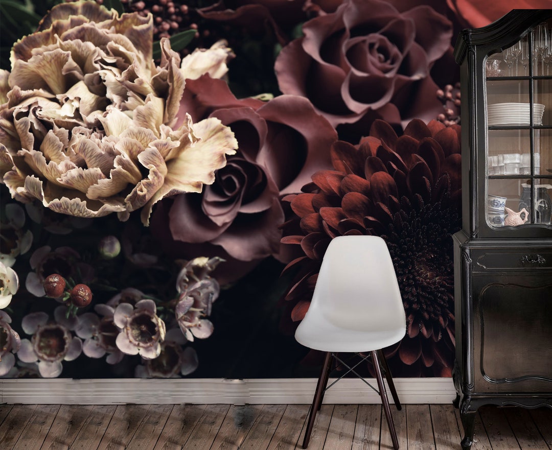 Karly - Dark Floral Wall Mural, Vintage Botanical on a Dark Background ...