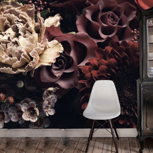 Dutch Dark Vintage Floral Removable Wallpaper Wall Mural Etsy UK