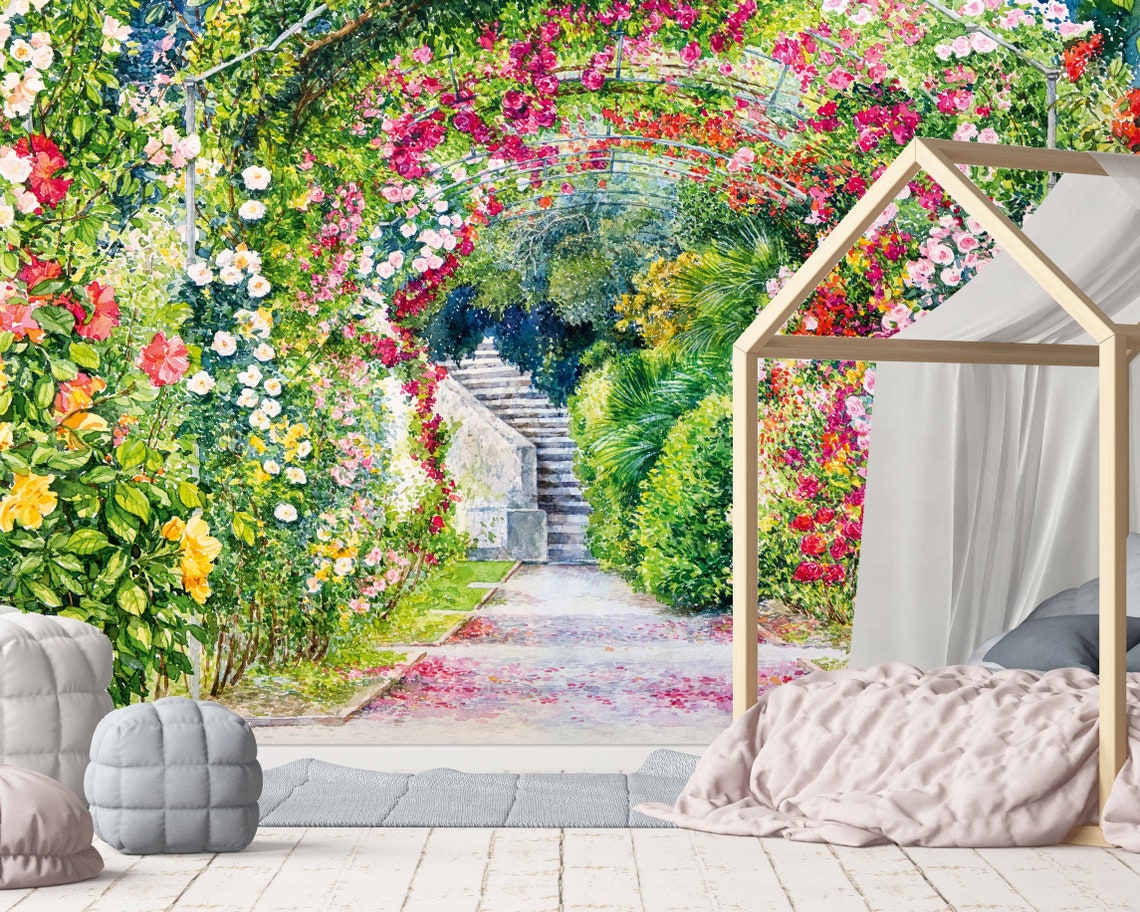 The Secret Garden Wallpaper, Floral Garden Wall Mural, Watercolor Hand ...