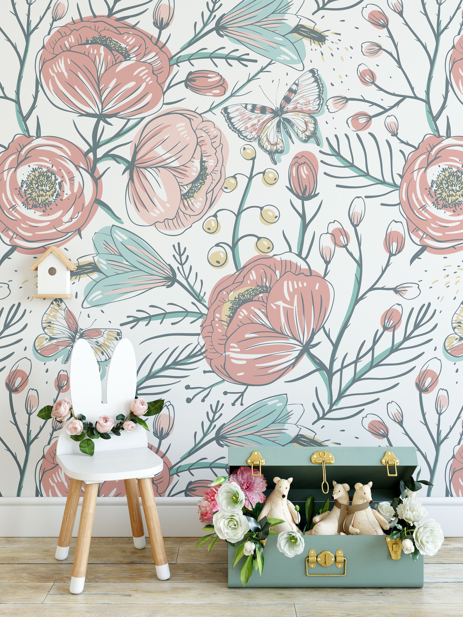 The Secret Garden Wall Mural Flowers in Blush and Pale Blue - Etsy