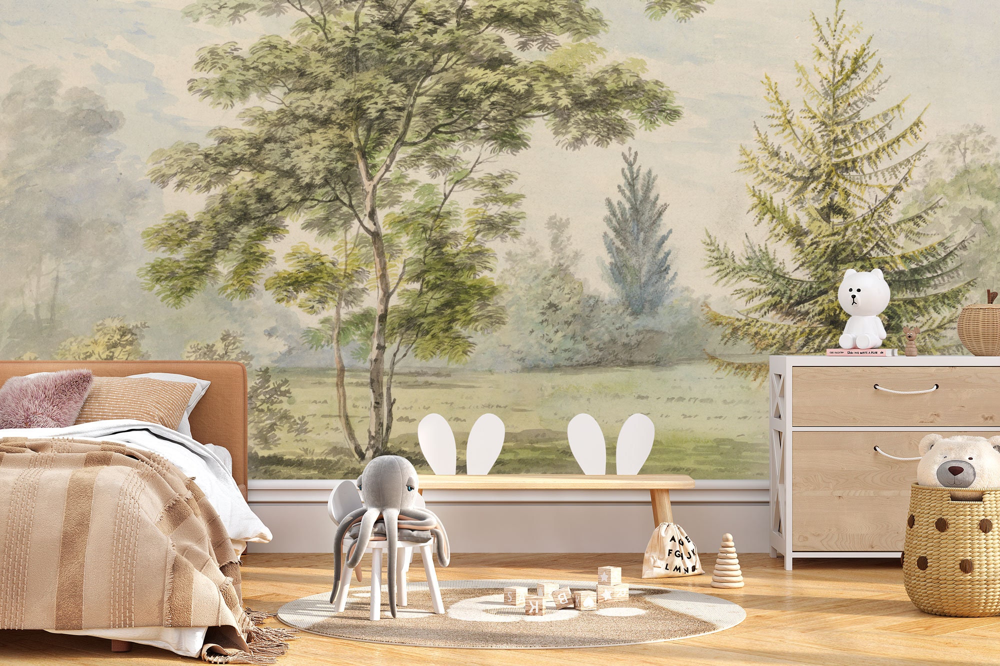 Vintage Forest Scene Wall Mural, Scenic Wall Mural, Vintage Landscape ...