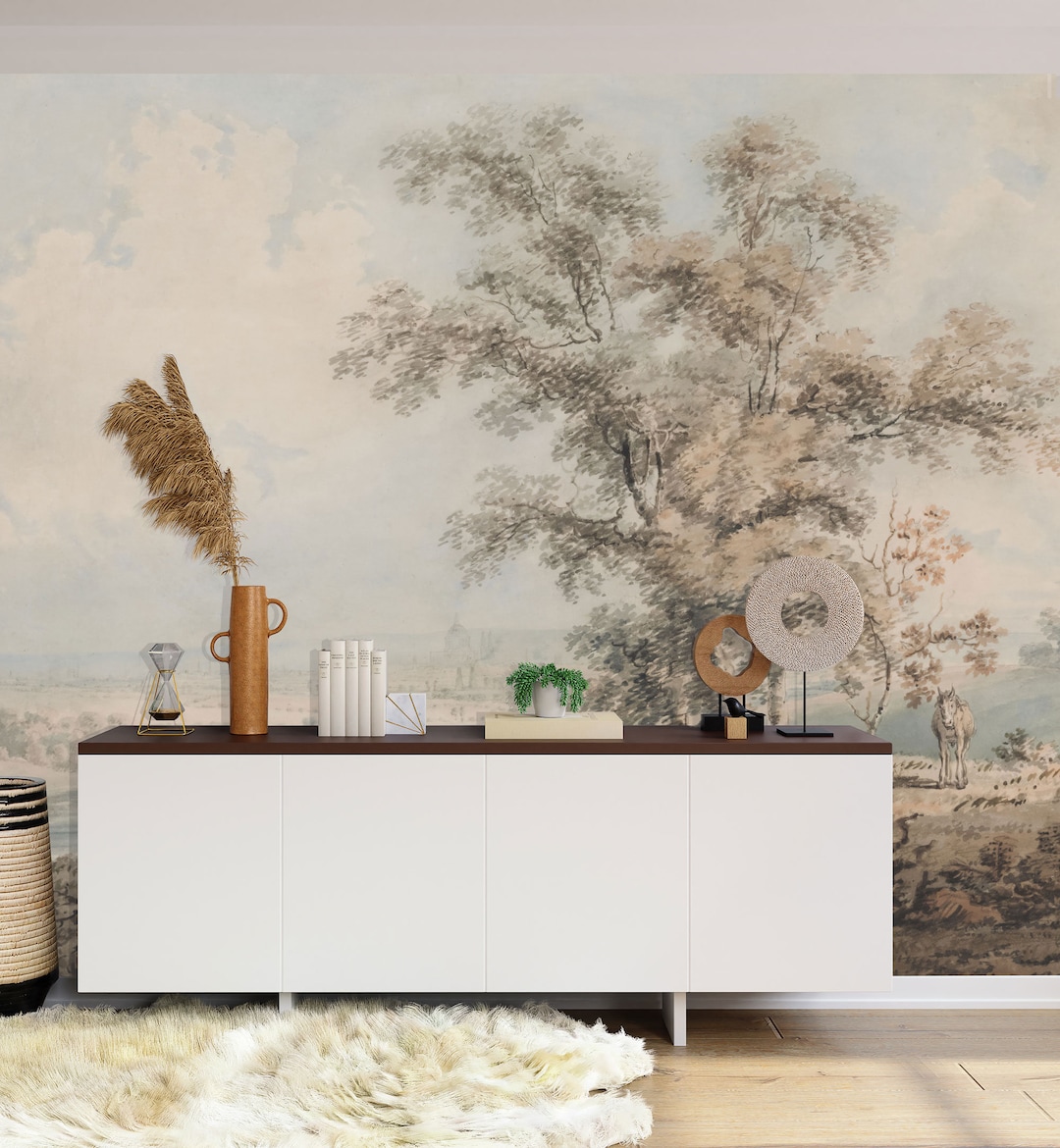 Vintage Landscape With Horses Wall Mural, Vintage Tree Scene Wall Mural ...