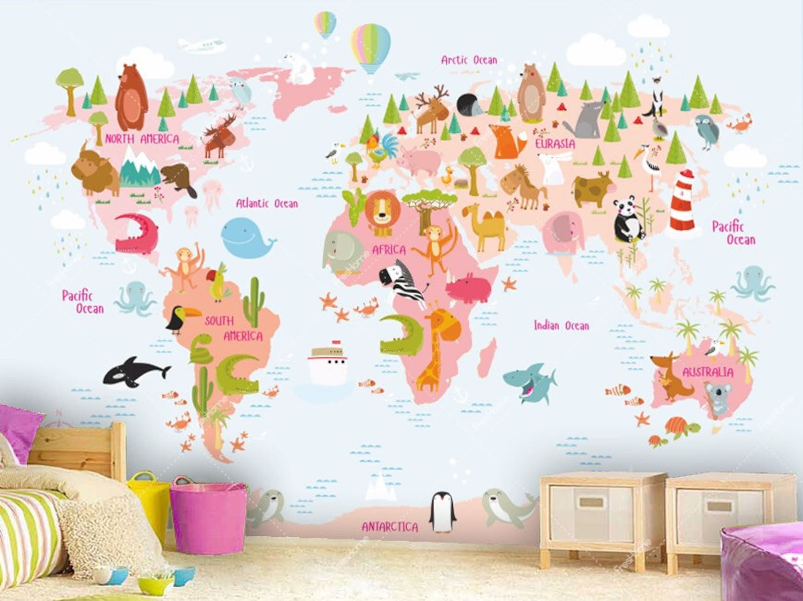 World Map Wall Mural in Pink and Light Blue, Children Map With Animals ...