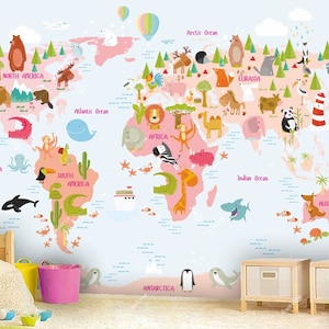 Weltkarte Wandbild in Rosa und Hellblau, Kinder Karte mit Tieren, Tapete, Little Explorer Tapete