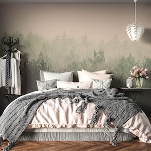 Vintage Misty Forest Szene Wandbild, Bergwälder Wandbild, Wald Haze Tapete, Wald in Grün und Blassrosa Wandbild, Kinderzimmer und Raum Dekor
