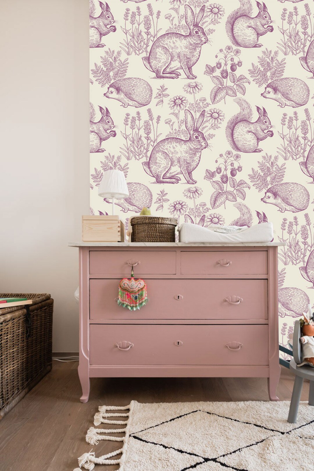 Fantasy Forest in Light Grayish Pink Wall Mural, Forest Animals ...